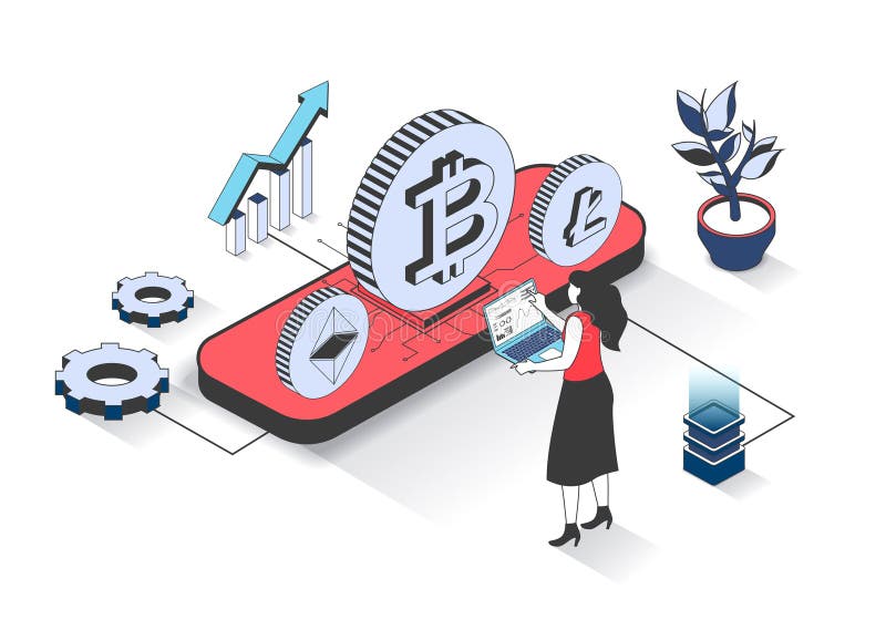 Cryptocurrency 3d koncepcja izometryczna z projektowaniem izometrycznym ludzi dla sieci Web. Kobieta inwestująca pieniądze w bitmo ilustracji