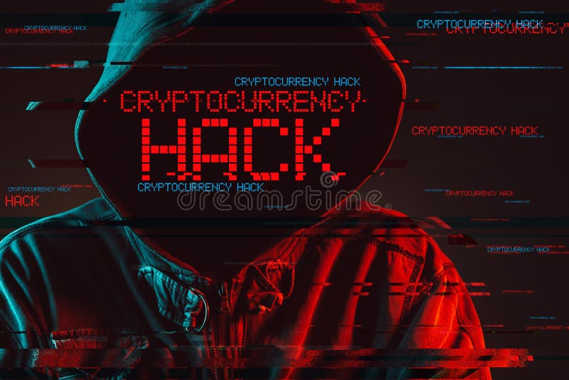 Cryptocurrency hack concept with faceless hooded male person