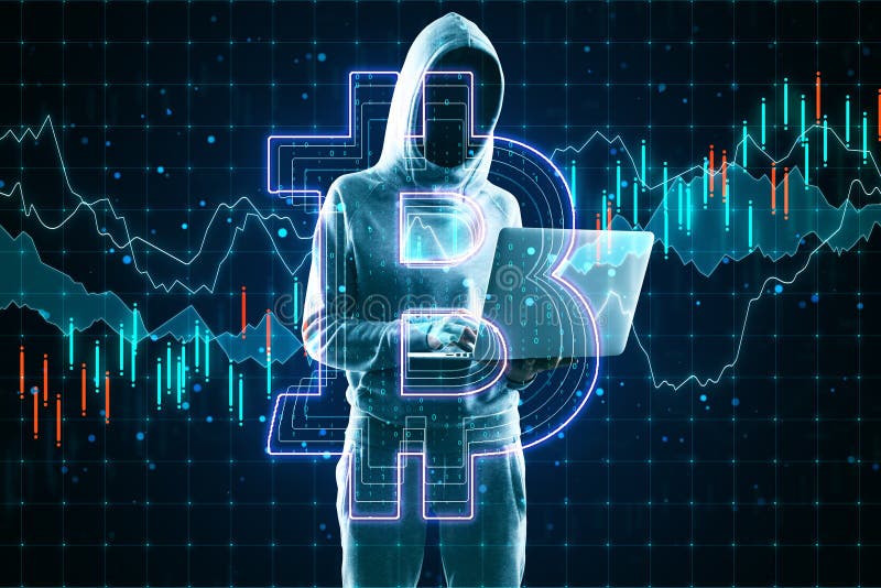 Cryptocurrency and hacking concept with no face hacker with laptop and bitcoin sign stock images