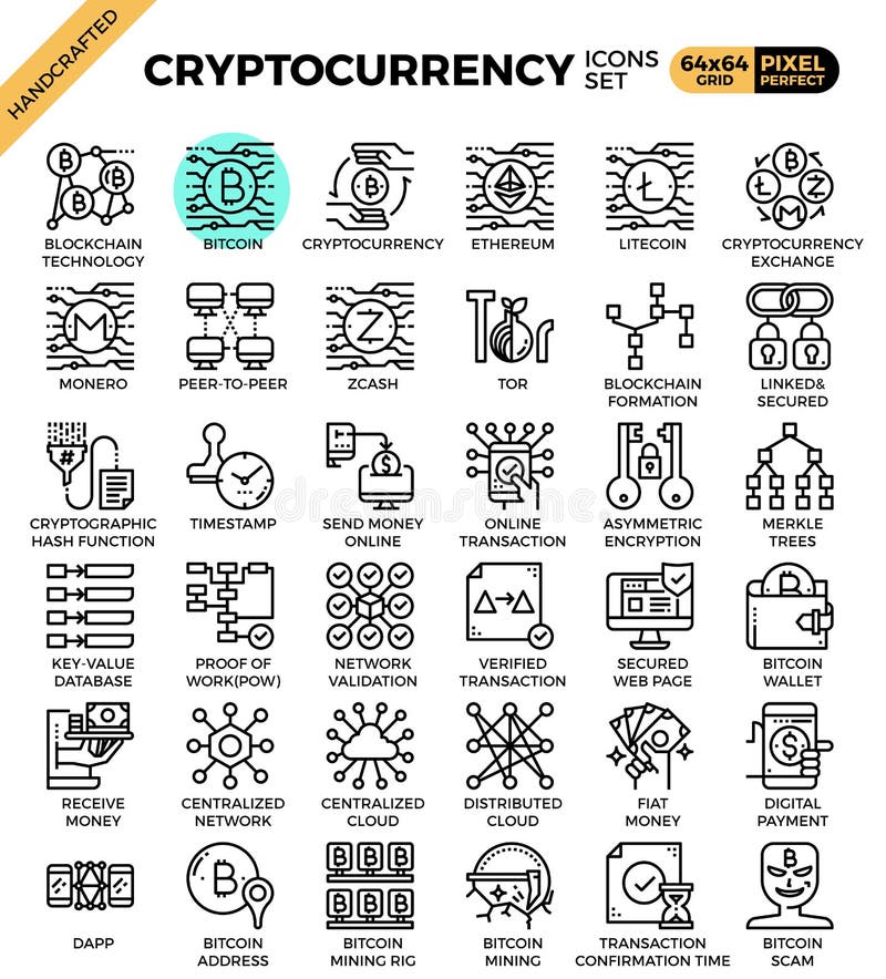 Cryptocurrency i blockchain technologii pojęcia ikony ilustracja wektor