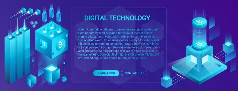 Cryptocurrency, ico and blockchain banner concept, data powered center, cloud data storage, offering technology vector stock illustration