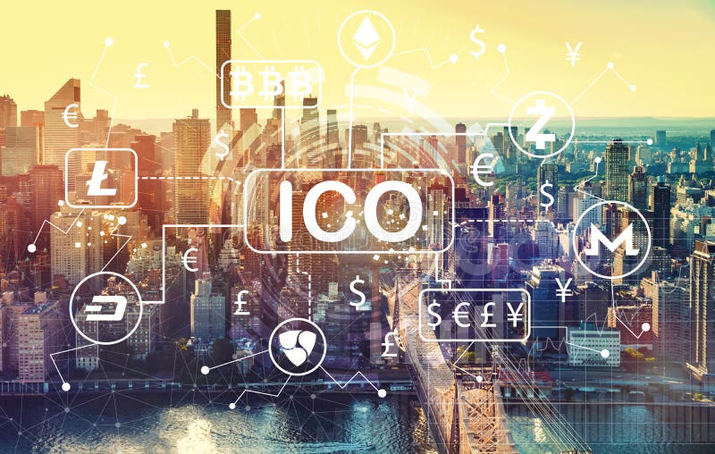 Cryptocurrency ICO temat z widok z lotu ptaka Manhattan, NY royalty ilustracja Cryptocurrency ICO temat z widok z lotu ptaka Manhattan, NY royalty ilustracja