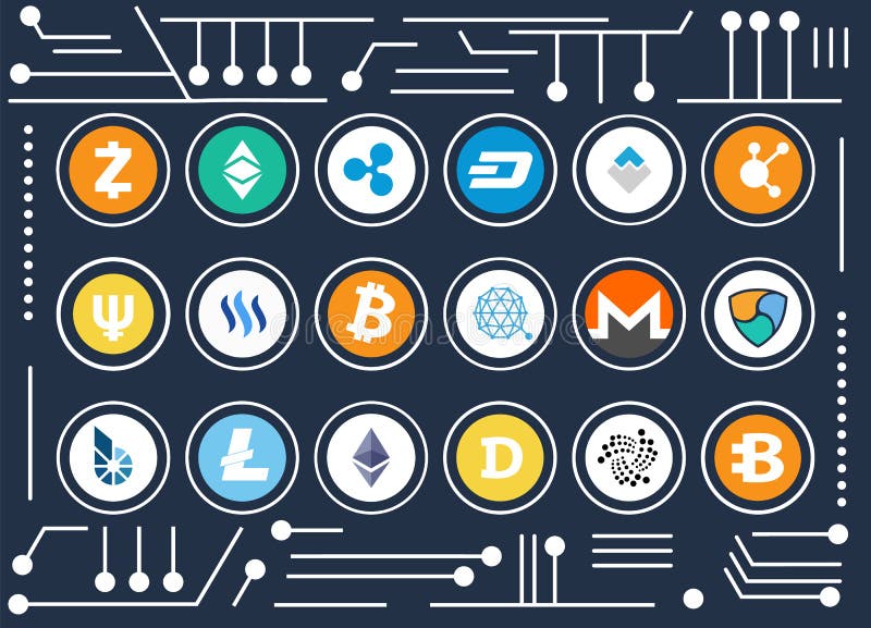 Cryptocurrency Icons Set On Computer Microscheme Stock ...