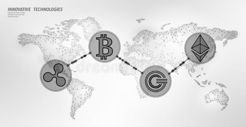Cryptocurrency internacional global del blockchain Finanzas futuras modernas polivin?licas bajas del mapa del mundo que depositan ilustración del vector Cryptocurrency internacional global del blockchain Finanzas futuras modernas polivin?licas bajas del mapa del mundo que depositan ilustración del vector