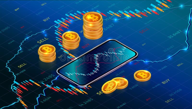 Cryptocurrency inwestycji lub giełda papierów wartościowych pojęcie z mobilnym app Cyfrowego pieniądze rynek ilustracja wektor Cryptocurrency inwestycji lub giełda papierów wartościowych pojęcie z mobilnym app Cyfrowego pieniądze rynek ilustracja wektor