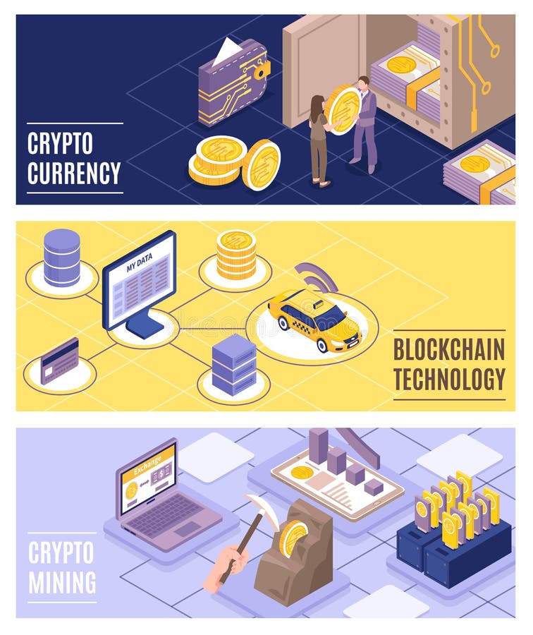Cryptocurrency Isometric Banners Set stock illustration Cryptocurrency Isometric Banners Set stock illustration