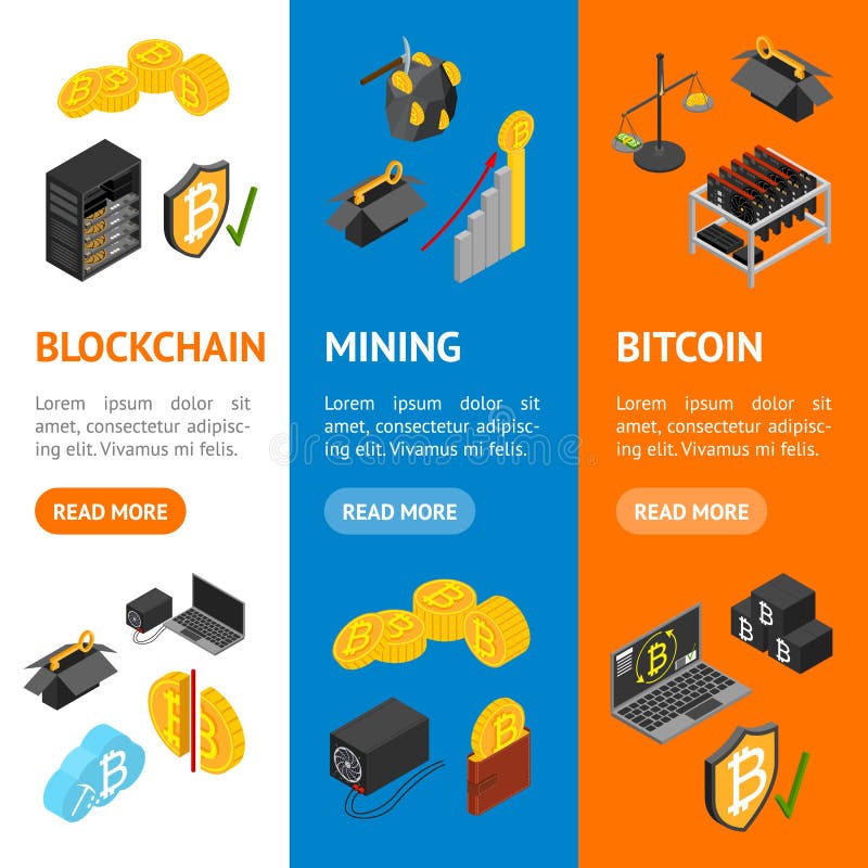 Cryptocurrency Mining Blockchain 3d Banner Vecrtical Set Isometric View. Vector. Cryptocurrency Mining Blockchain 3d Banner Vecrtical Set Isometric View Include of Farm, Wallet, Private Key, Pool and Asic. Vector illustration
