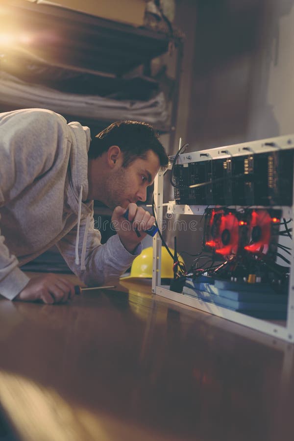 Cryptocurrency mining rig stock photo