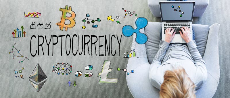 Cryptocurrency mit dem Mann, der einen Laptop verwendet lizenzfreie stockfotos Cryptocurrency mit dem Mann, der einen Laptop verwendet lizenzfreie stockfotos