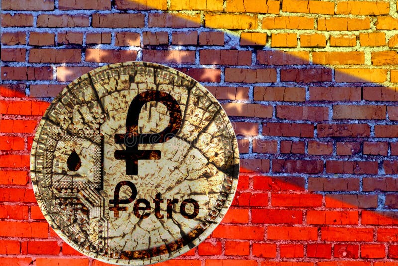 Cryptocurrency Petro de pièce de monnaie. Pièce de monnaie cassée de Petro de cryptocurrency de pièce de monnaie sur le mur de briques de fond de mur avec le drapeau du Venezuela