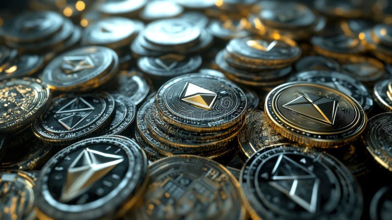 Cryptocurrency tokens with blockchain technology in d visualization ilustração royalty free