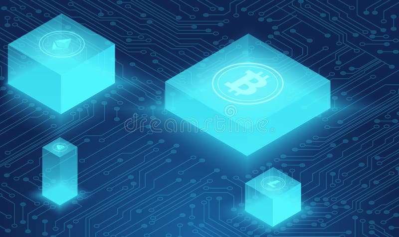 Cryptocurrency und blockchain Konzept, neurales Netz, angetriebene Mitte der Daten, isometrischer Vektor der Wolkendatenspeicheru stock abbildung