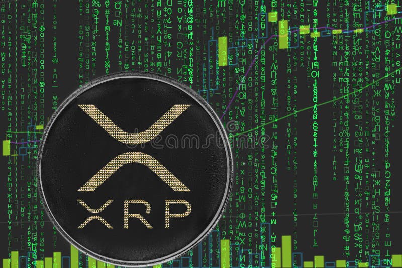 Token xrp ripple  cryptocurrency on the green matrix background of binary crypto price chart. Token xrp ripple  cryptocurrency on the green matrix background of binary crypto price chart.