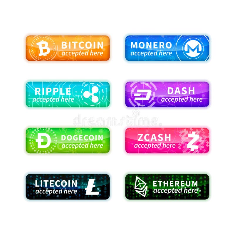 Cryptocurrency приняло здесь, большой комплект лоснистых эмблем с большинств знаками единой валюты на белизне бесплатная иллюстрация Cryptocurrency приняло здесь, большой комплект лоснистых эмблем с большинств знаками единой валюты на белизне бесплатная иллюстрация