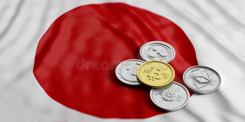 Cryptocurrency在日本 银色真正硬币金黄bitcoin和品种在日本的下垂背景 3d例证 向量例证 Cryptocurrency在日本 银色真正硬币金黄bitcoin和品种在日本的下垂背景 3d例证 向量例证