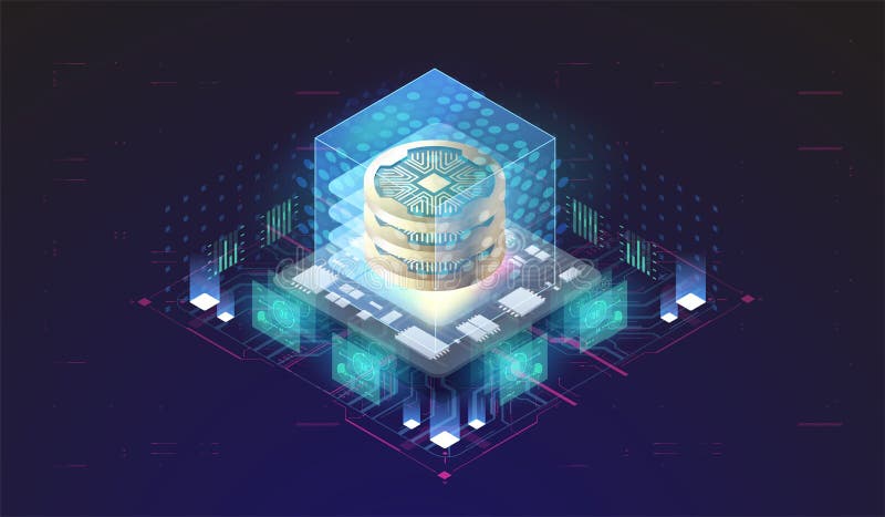 Cryptowährung und Blockchain-Konzept. Übermittlung und Verarbeitung von Daten. Konzept der Finanztechnologie. lizenzfreie abbildung