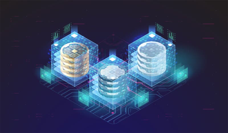Cryptowährung und Blockchain-Konzept. Übermittlung und Verarbeitung von Daten. Konzept der Finanztechnologie. vektor abbildung