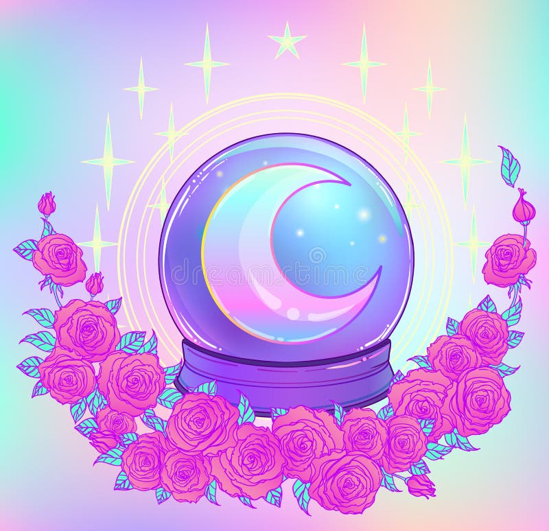 Crystal Ball com com a lua do arco-íris e as estrelas coloridas ilustração do vetor Crystal Ball com com a lua do arco-íris e as estrelas coloridas ilustração do vetor