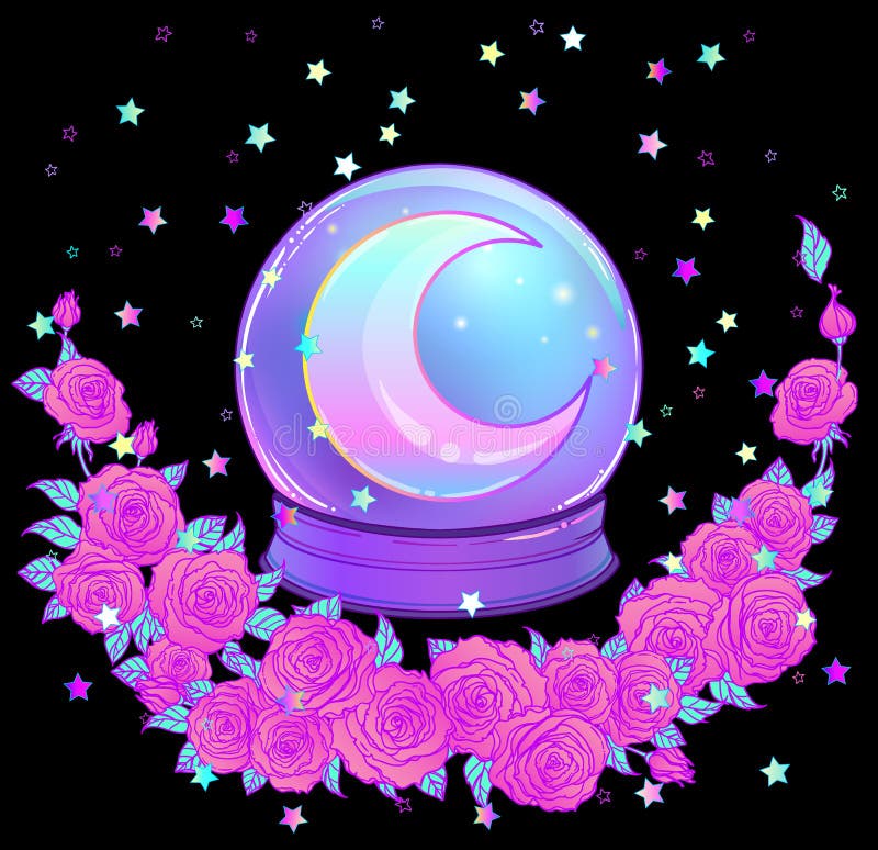 Crystal Ball con con la luna del arco iris y las estrellas coloridas stock de ilustración Crystal Ball con con la luna del arco iris y las estrellas coloridas stock de ilustración