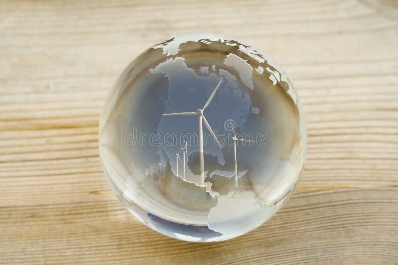 Crystal ball globe with wind farm over North and Central America