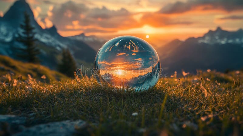 A crystal ball reflects the image of a sunset with mountains and a cloudy sky on a wet surface royalty free stock images