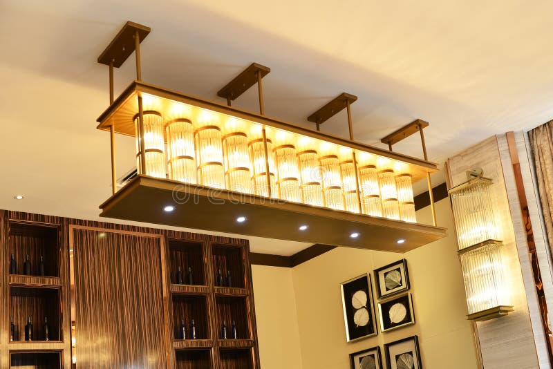 Luxury crystal ceiling lighting in a hotel restaurant