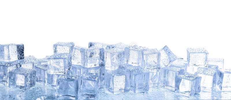 Crystal clear ice cubes with water drops isolated