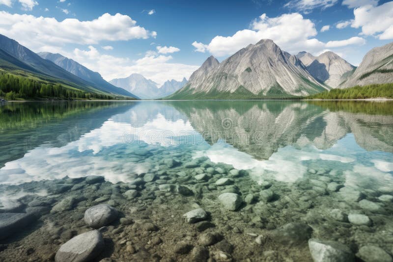 Crystal Clear Lake With Reflection Of Towering Mountain Range Stock