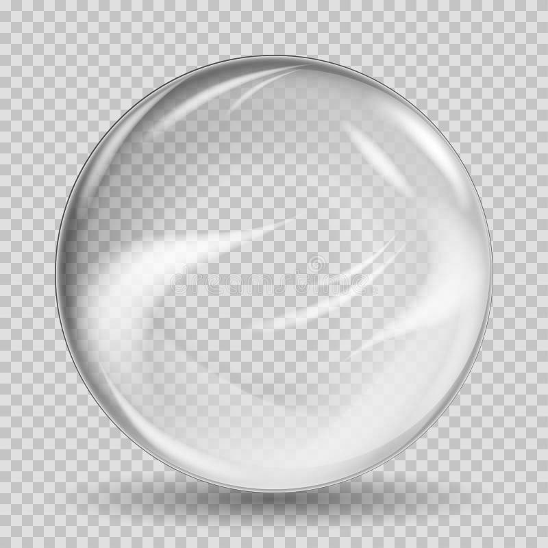 Crystal translucent marble sphere with reflections on transparent vector background.