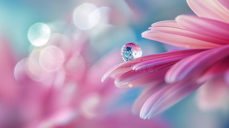 Crystal water drop on flower petals, light colors stock image