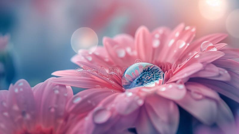 Crystal water drop on flower petals, light colors royalty free stock image