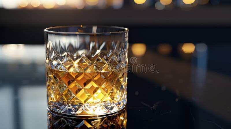 Crystal whiskey glass filled with amber liquid on a reflective surface with bokeh lights in the background. image. Bokeh whiskey stock images, royalty-free photos and pictures