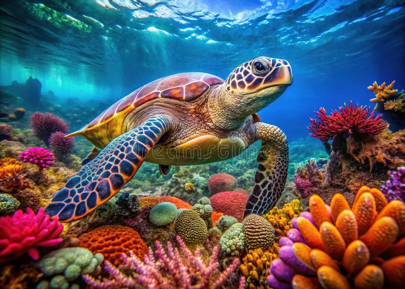 CrystalClear热带海洋的壮丽景色，Elagent Sea Turtle海龟坐落在迷人的珊瑚礁中，享有宁静的游泳. 在清澈的热带海洋中，海龟优雅地在充满活力的珊瑚礁中游荡，其宁静的美貌就是明证. 这个令人叹为观止的水下场景，捕捉了在健康的珊瑚花园中繁衍的奇异海洋生物. 平淡的海水让珊瑚的植物群和海龟的优雅运动呈现出极为清晰的细节. 色彩鲜艳的