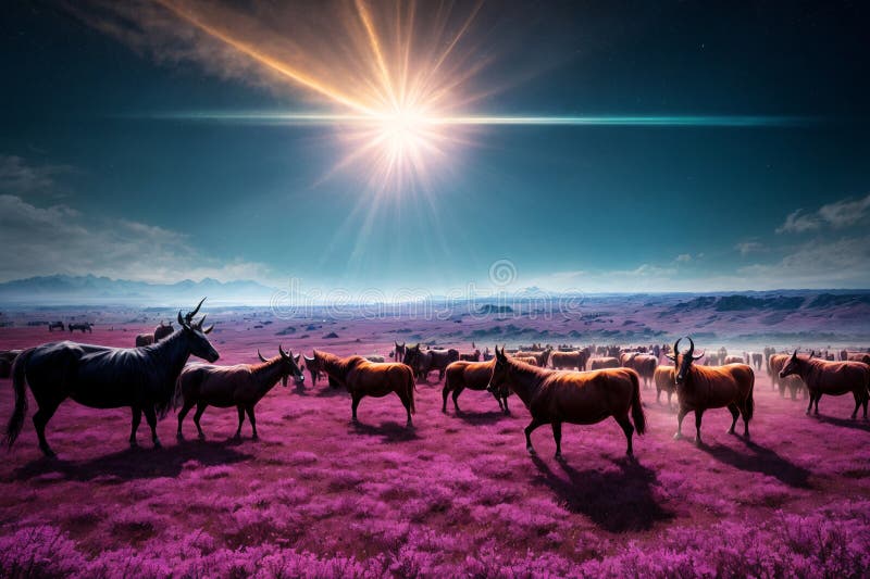 The open plains of Gemterra are graced by herds of Crystalhorns, creatures with translucent horns that refract light in dazzling displays. made with generative ai. The open plains of Gemterra are graced by herds of Crystalhorns, creatures with translucent horns that refract light in dazzling displays. made with generative ai