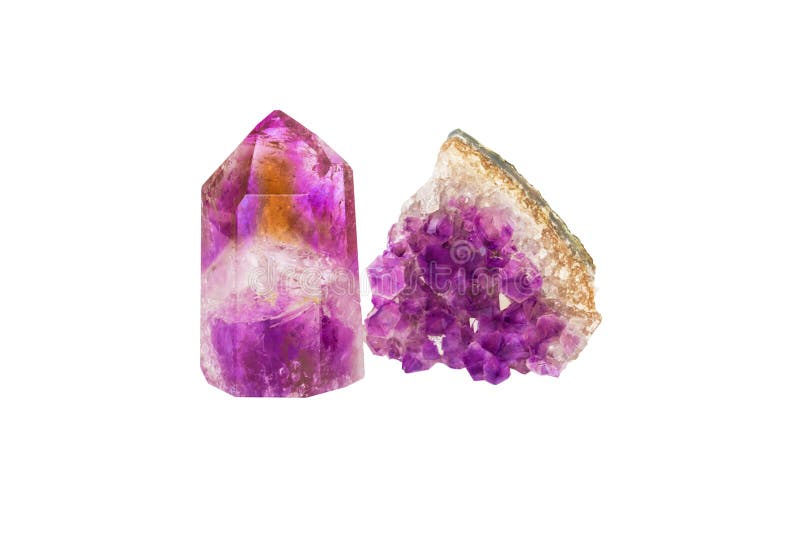Crystals of natural gemstone amethyst. Isolated on the white background.
