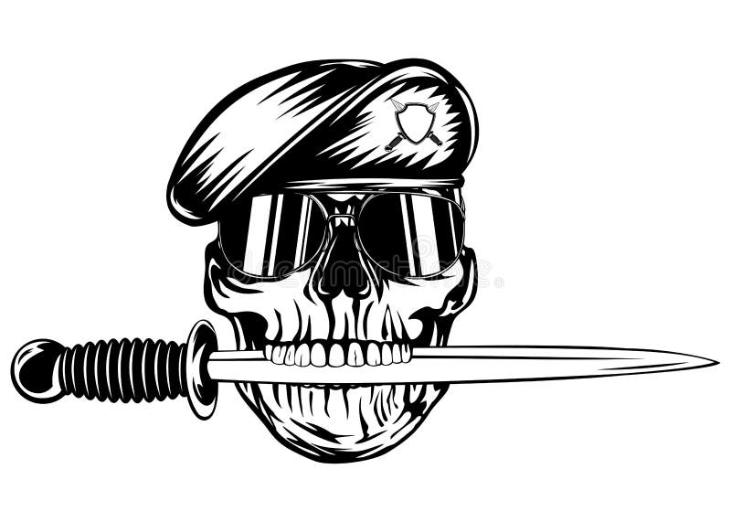 Crâne dans le béret avec le poignard illustration de vecteur Crâne dans le béret avec le poignard illustration de vecteur