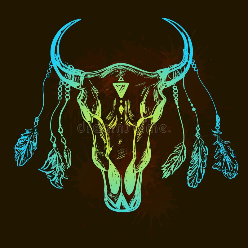 Crâne de Buffalo avec des plumes illustration stock Crâne de Buffalo avec des plumes illustration stock