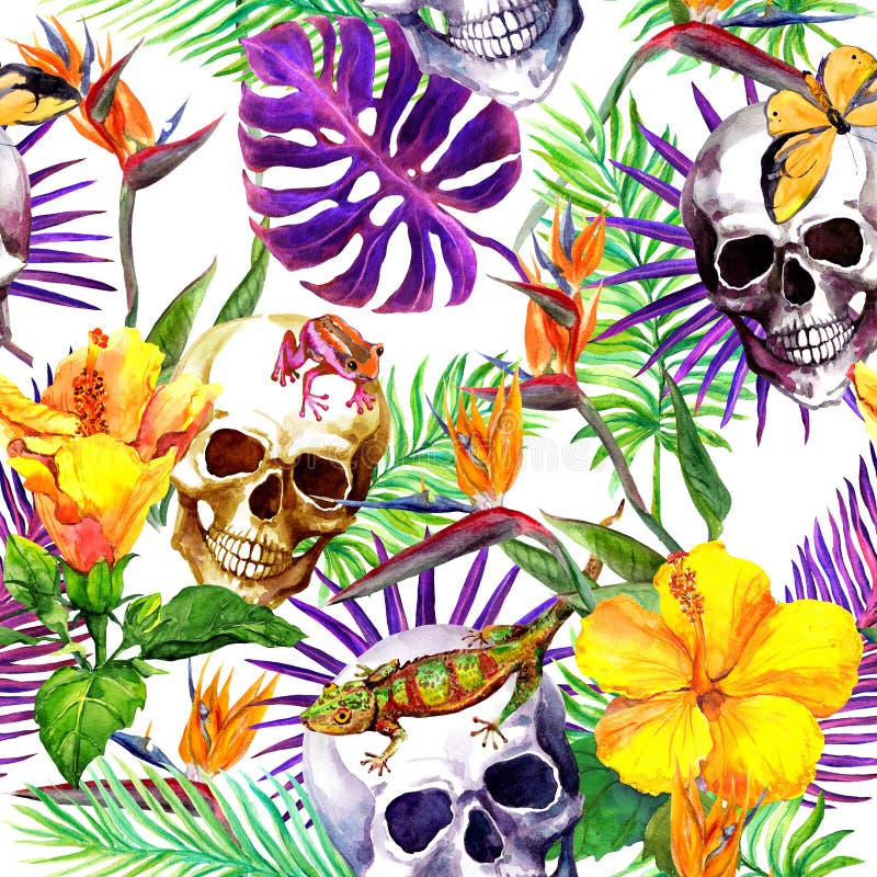 Crânes humains, feuilles tropicales, animaux de jungle, fleurs exotiques Répétition de la configuration watercolor illustration stock Crânes humains, feuilles tropicales, animaux de jungle, fleurs exotiques Répétition de la configuration watercolor illustration stock