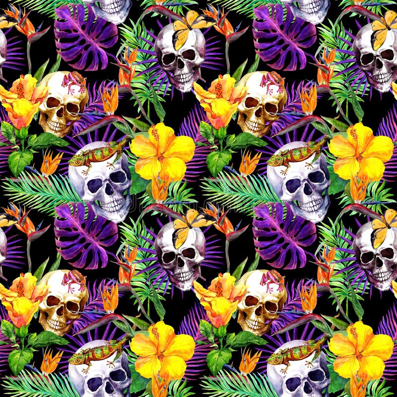 Crânes humains, feuilles tropicales, animaux, fleurs exotiques Répétition du modèle au fond noir watercolor illustration stock Crânes humains, feuilles tropicales, animaux, fleurs exotiques Répétition du modèle au fond noir watercolor illustration stock