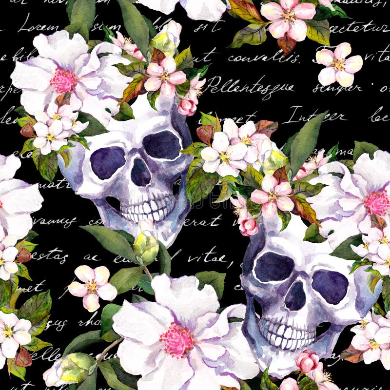 Crânes humains, fleurs blanches Modèle sans couture de vintage avec les notes de lettre écrites par main sur le fond noir waterco illustration libre de droits Crânes humains, fleurs blanches Modèle sans couture de vintage avec les notes de lettre écrites par main sur le fond noir waterco illustration libre de droits
