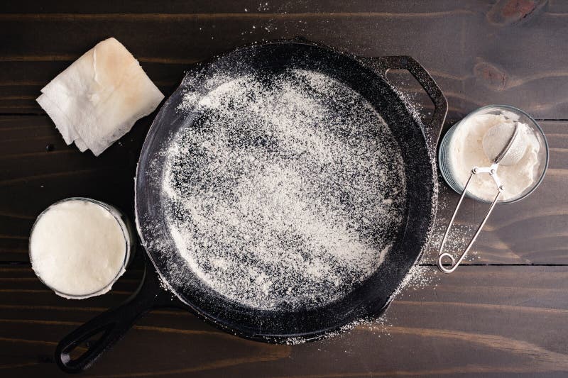 Frying pan coated with vegetable oil and dusted with all-purpose flour to prevent sticking. Frying pan coated with vegetable oil and dusted with all-purpose flour to prevent sticking