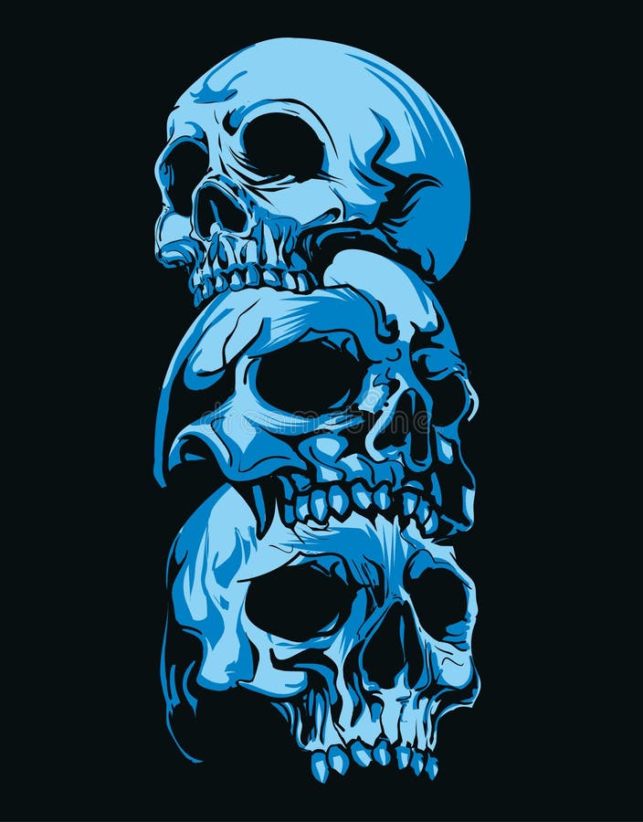 Crânio principal do horror três na obscuridade - fundo azul ilustração stock Crânio principal do horror três na obscuridade - fundo azul ilustração stock