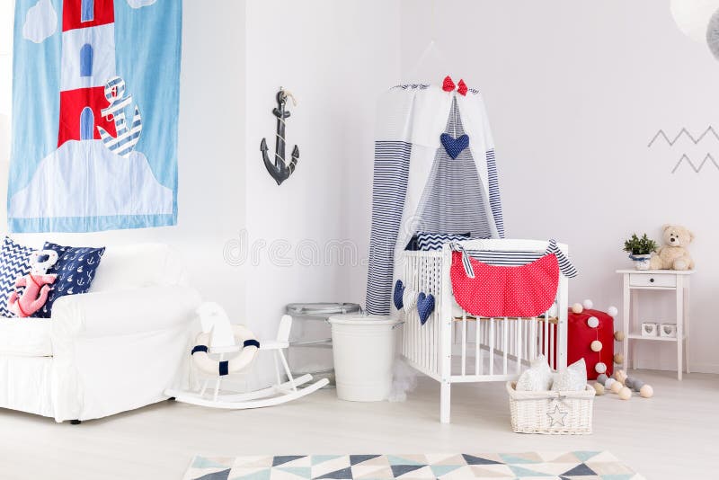 Crèche nautique de thème avec des jouets photo stock Crèche nautique de thème avec des jouets photo stock