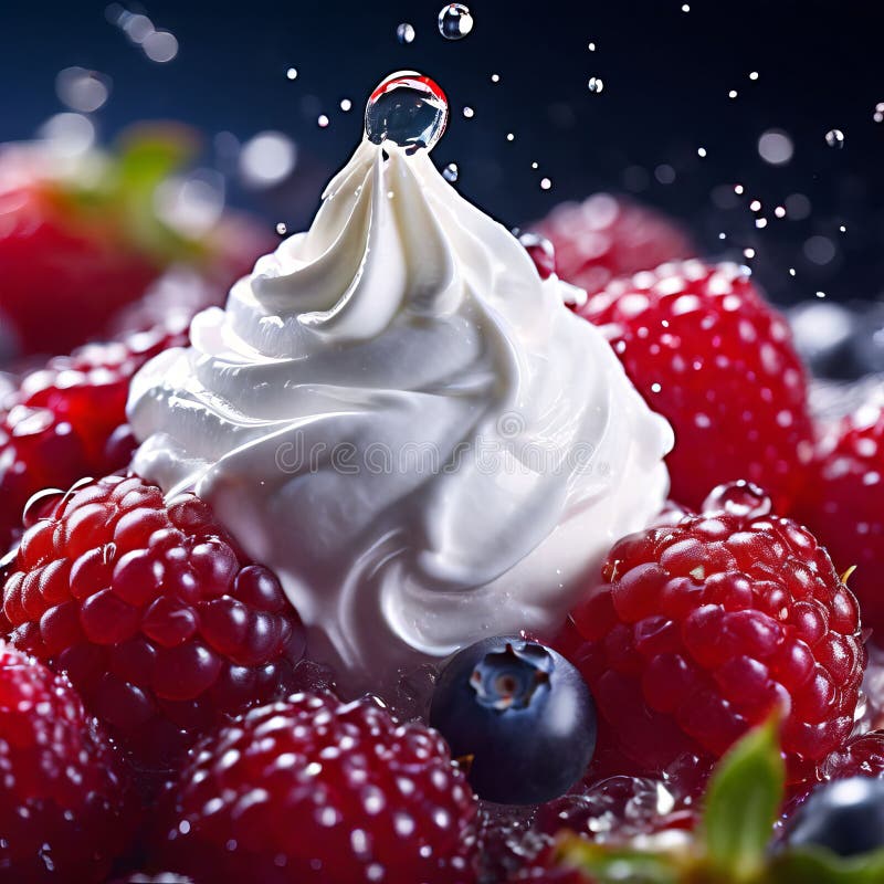 whipped cream melting onto berries close-up swirl of peaks creating dynamic rivulets berry skins. whipped cream melting onto berries close-up swirl of peaks creating dynamic rivulets berry skins