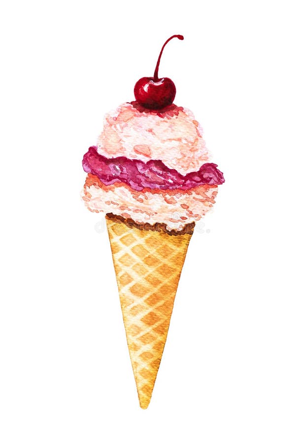 Crème glacée d'aquarelle avec la cerise dans le cône de gaufre illustration de vecteur Crème glacée d'aquarelle avec la cerise dans le cône de gaufre illustration de vecteur