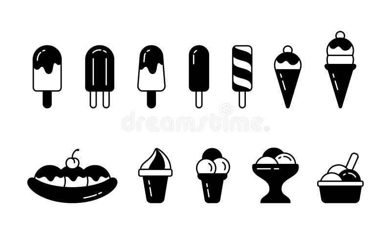 Crème glacée. Ensemble d'icônes de silhouette. Cuvette esquimaude des tornades de banana split d'esquimaux de cône de gaufres de g illustration de vecteur