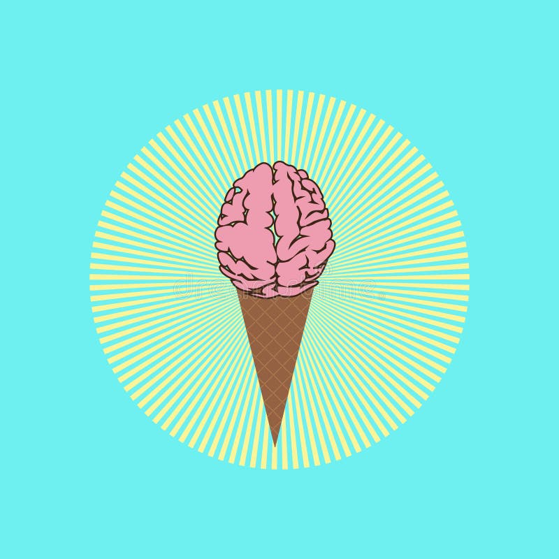 Melted brain/ ice cream in front of sunburst, the glory of stupidity. Vector illustration. Melted brain/ ice cream in front of sunburst, the glory of stupidity. Vector illustration