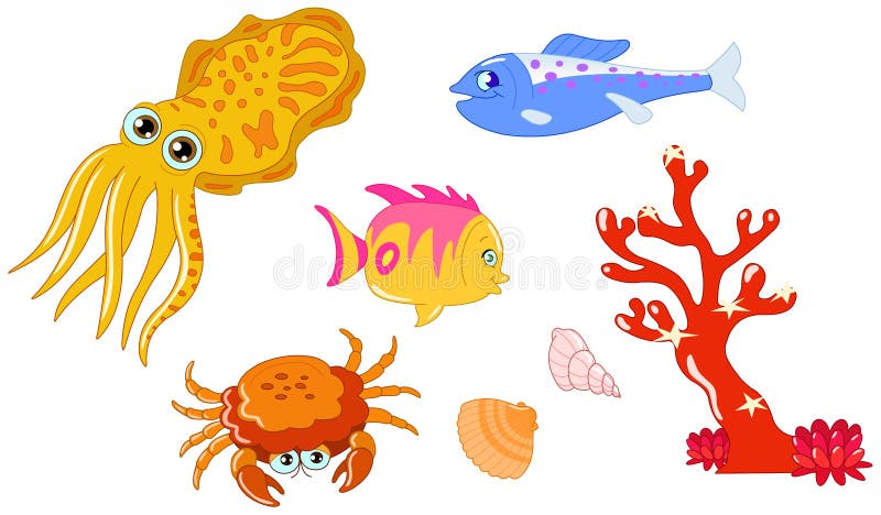 Cute cartoon sea creatures and seashell set. Cute cartoon sea creatures and seashell set