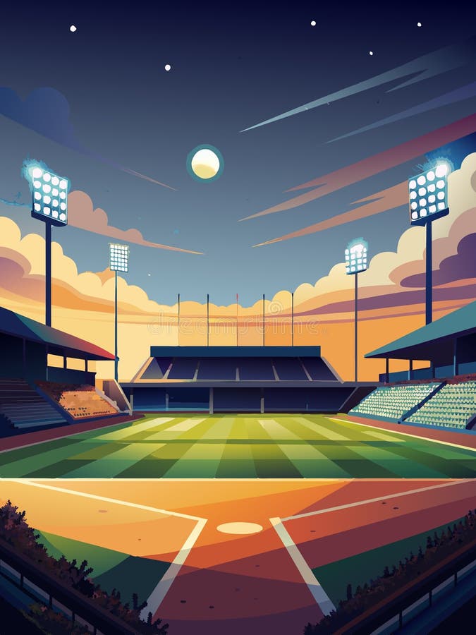 Crépuscule dans un stade de base-ball vide sous un ciel dégagé illustration libre de droits