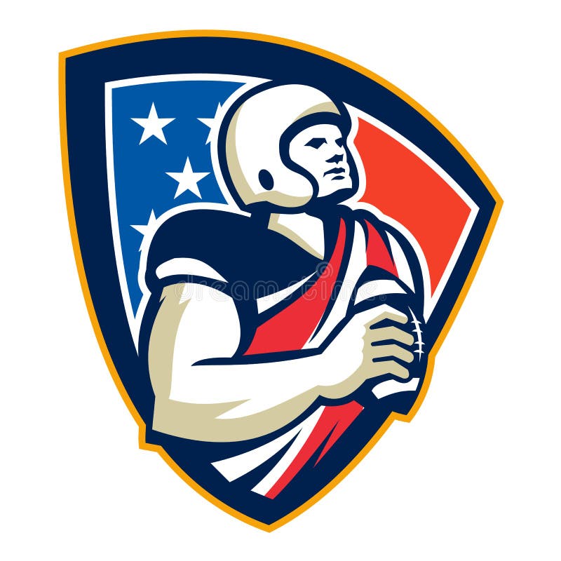 Illustration of an american football gridiron quarterback player holding preparing to throw ball facing front set inside crest shield with stars and stripes flag done in retro style. Illustration of an american football gridiron quarterback player holding preparing to throw ball facing front set inside crest shield with stars and stripes flag done in retro style.